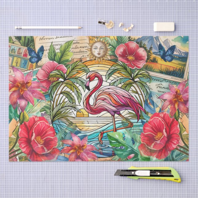 Papel De Seda Scenic Tropical Stained Glass Flamingo Decoupage (Arte )