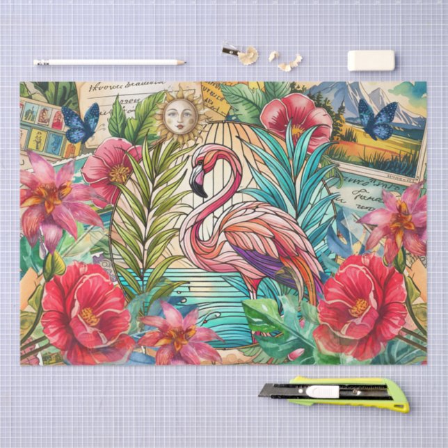 Papel De Seda Scenic Tropical Stained Glass Flamingo Decoupage (Arte )