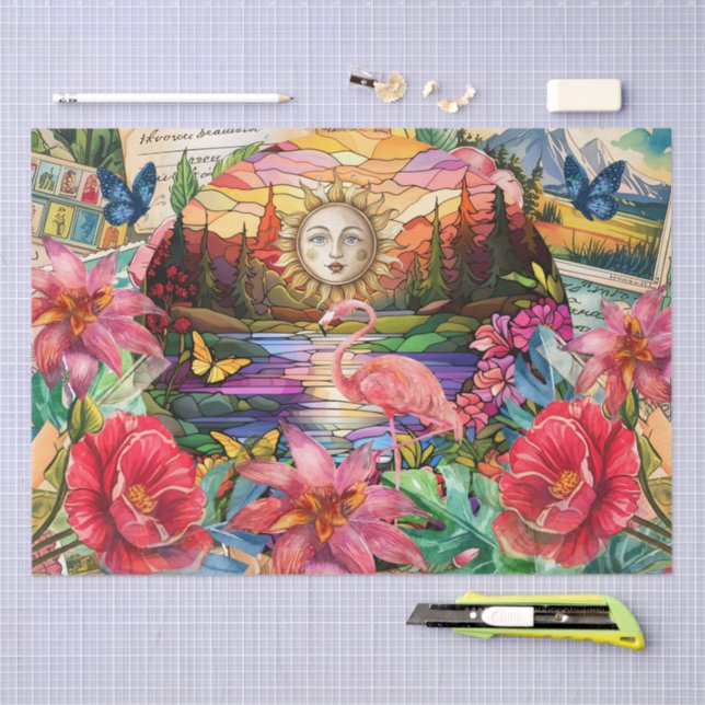 Papel De Seda Scenic Tropical Stained Glass Flamingo Decoupage (Arte )