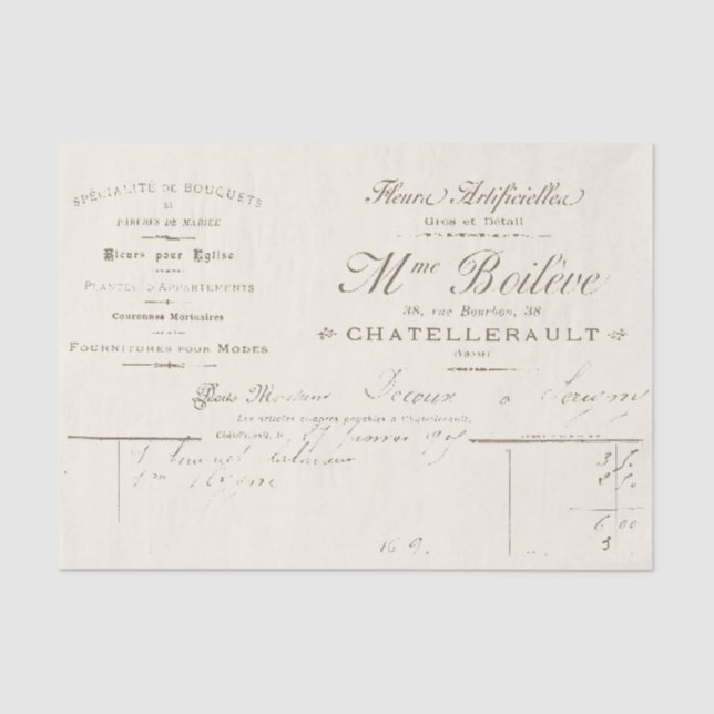 Papel De Seda Script de Fatura Florista da Ephemera Francesa Vin (Frente )