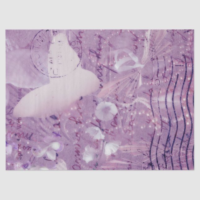 Papel De Seda Script Floral Roxo de Borboleta Antiquada (Frente )
