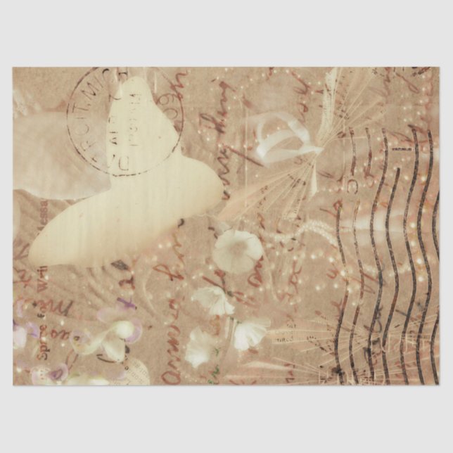 Papel De Seda Script Sepia Floral Antiquado da Borboleta (Frente )