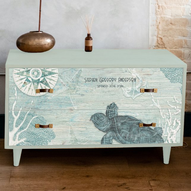 Papel De Seda Sea Turtle Beach Blue White Wood Decoupage Nome (Criador carregado)