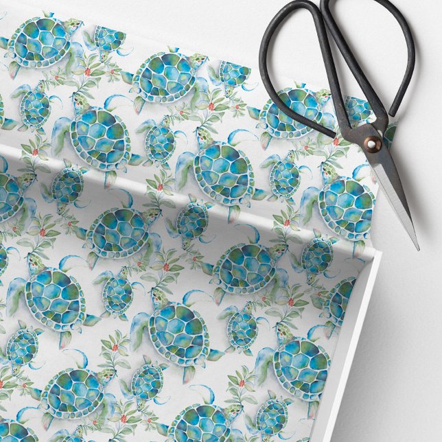 Papel De Seda Sea Turtle Tissue Paper Tropical Praia Natal (Beach Christmas sea turtle tissue paper watercolor art by Victoria Grigaliunas Do Tell A Belle)