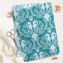Seahorses Ocean Sea Life Damask Pattern Teal Blue