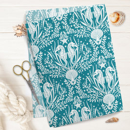 Papel De Seda Seahorses Ocean Sea Life Damask Pattern Teal Blue