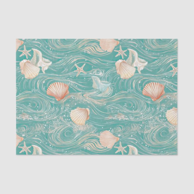 Papel De Seda Seashells and Ocean Waves Pattern (10) (Frente )