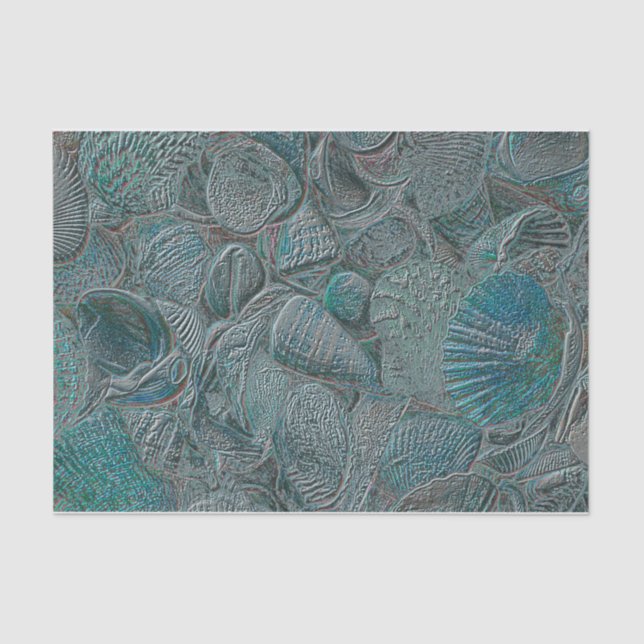 Papel De Seda Seashells Ocean Beach Teal Cinza Metálico (Frente )