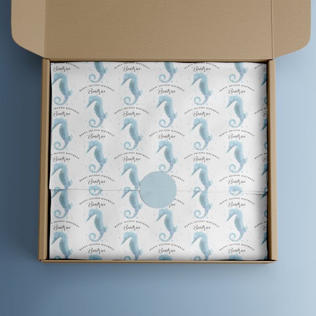 Papel De Seda segundo aniversário Dusty Blue Seacavalo personali (Dusty Blue Seahorse Birthday Tissue Wrap)