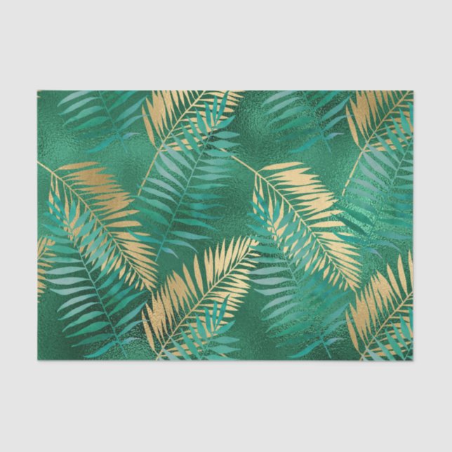 Papel De Seda Selva Ouro Verde Esmeralda Palm Folha Brilhante (Frente )