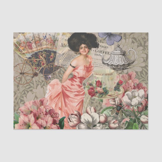 Papel De Seda Senhora Café Mulher Vitoriana Rosa Vestido Rico (Frente )
