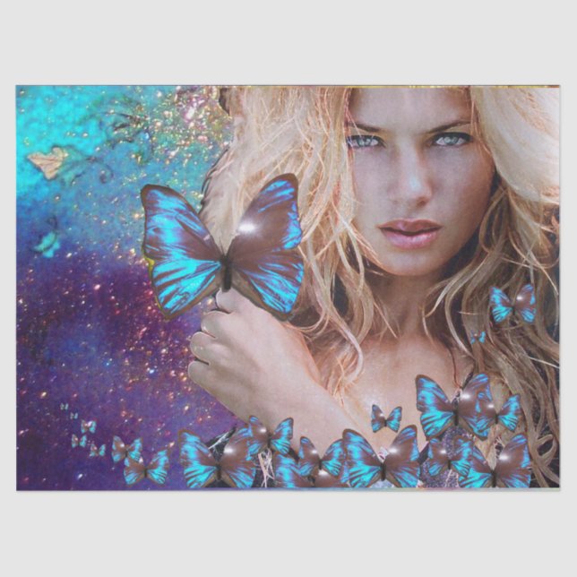 Papel De Seda SENHORA COM Beleza BUTERSORA AZUL NA Natureza (Frente )
