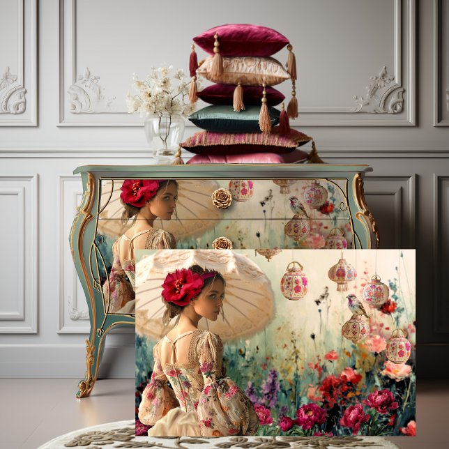 Papel De Seda Senhora com Guarda-Sol, Pássaro, Arte de Flores e  (French Chic, Lady with a Parasol, Bird, Floral Garden, and Lanterns, Horizontal Portrait Art)