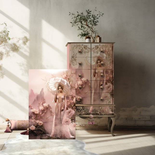 Papel De Seda Senhora de Rosa com Parasol e Floral (Beautiful Lady holding a parasol, rose pink and beige, ethereal floral, and lace portrait art.)