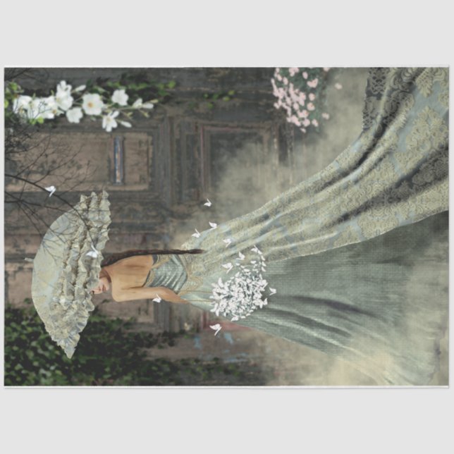 Papel De Seda Senhora elegante Vestido Verde Parasol Velho Porta (Frente )