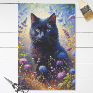 Papel De Seda Separação de Gato Preto e Flores Selvagens Roxas