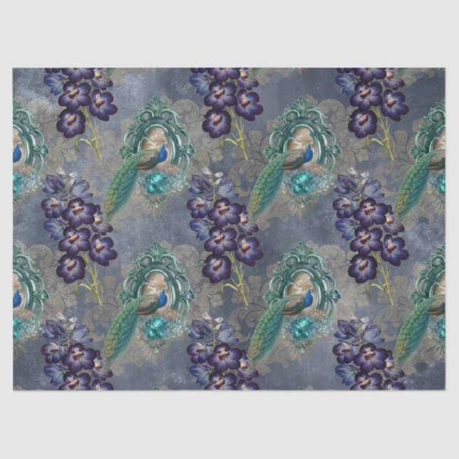Papel De Seda Separação de Peacocks e Flores Roxas (Frente )