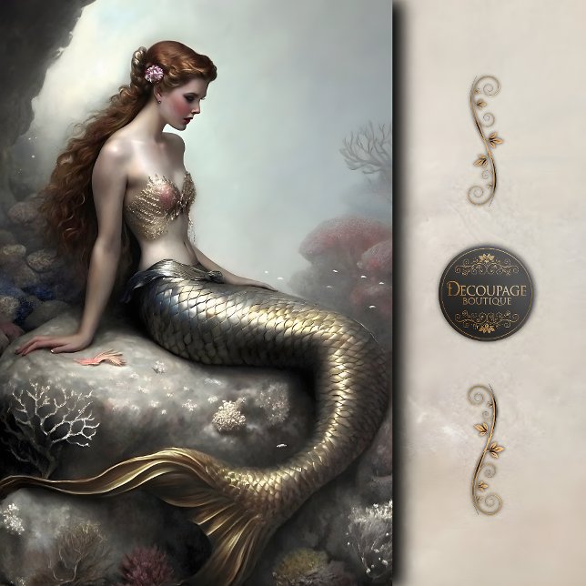 Papel De Seda Sereia de Cauda Dourada Fantasia Decoupage (Golden Tailed Mermaid Fantasy Decoupage Tissue Paper)