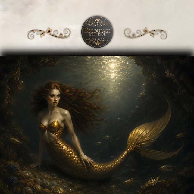Papel De Seda Sereia de Decoupage da Caverna Dourada (Golden Cavern Mermaid Decoupage Tissue Paper)