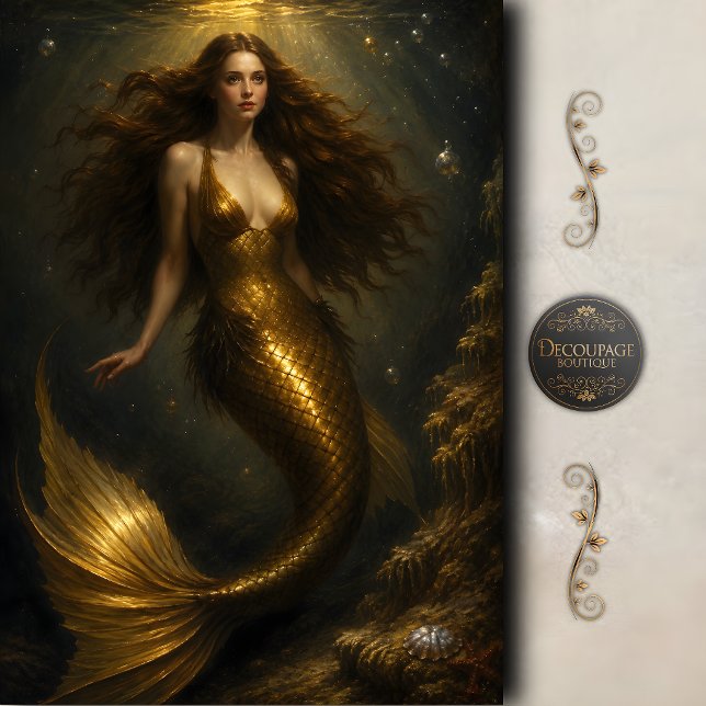 Papel De Seda Sereia de Decoupage Profundezas Douradas (Golden Depths Mermaid Decoupage Tissue Paper)