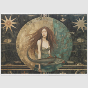 Papel De Seda Sereia Primitiva Com Decoupage Celestial De Peixes