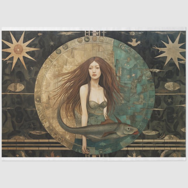 Papel De Seda Sereia Primitiva Com Decoupage Celestial De Peixes (Frente )