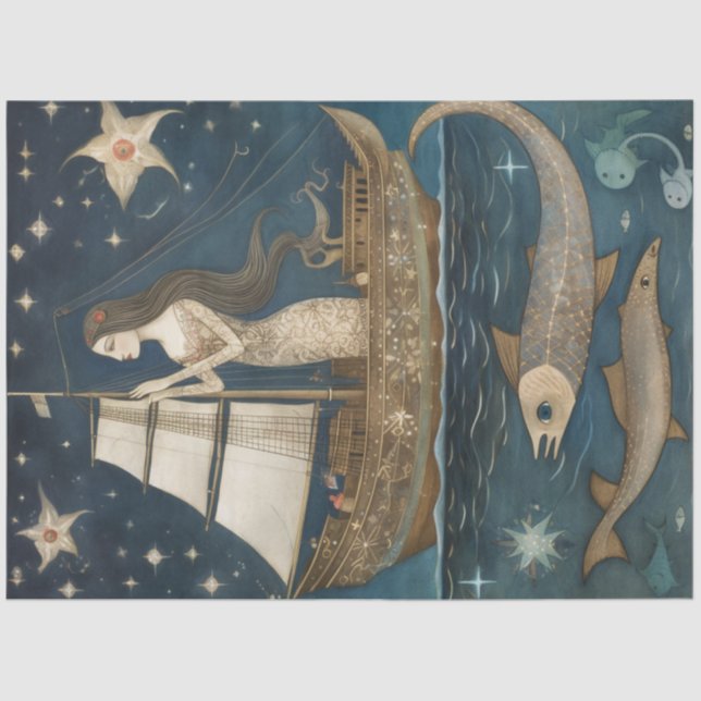 Papel De Seda Sereia Primitiva Na Decoupage Do Oceano Celestial (Frente )