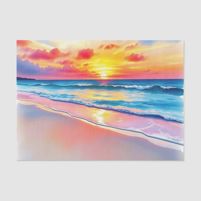 Papel De Seda Serene Beach Sunset com Reflexões Vibrantes (Frente )