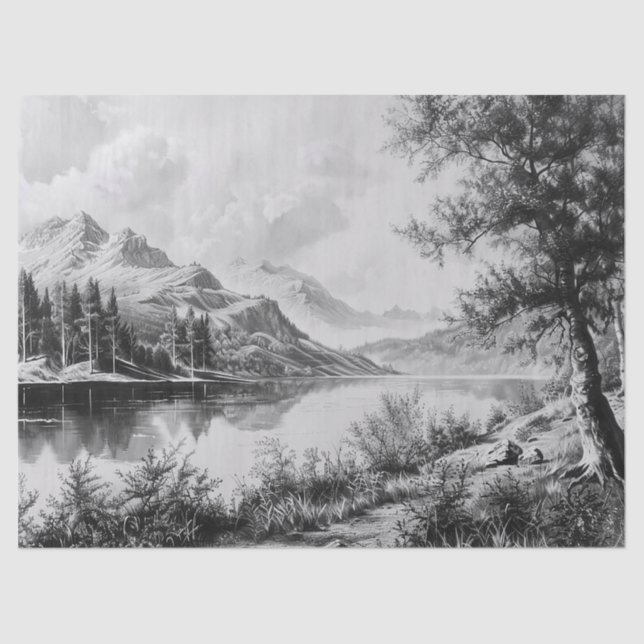 Papel De Seda Serene Mountain Lake Black & White Decoupage (Frente )