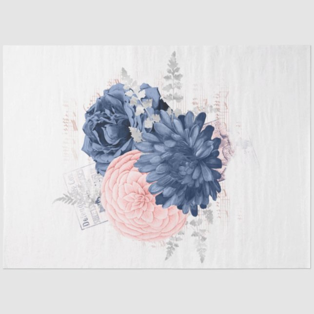 Papel De Seda Série de Ephemera Floral Rosa e Azul-Marinho Desig (Frente )