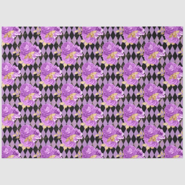 Papel De Seda Série Floral, púrpura e Dourada, Design 6 (Frente )