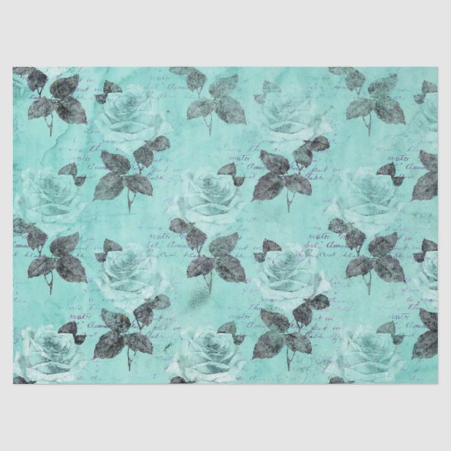 Papel De Seda Série Floral Turquesa Desgastada Design 4 (Frente )