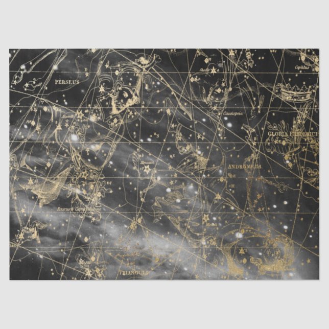 Papel De Seda Série Mapa Estelar Galáxia Dourada e Preta Design  (Frente )
