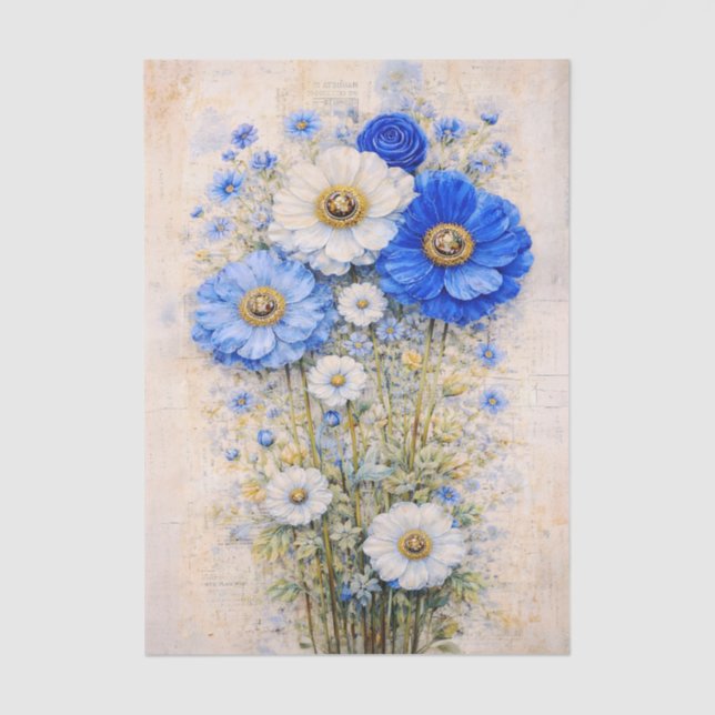 Papel De Seda Shabby Chic Blue Ivory Mix Flowers FD7R Decoupage (Frente )