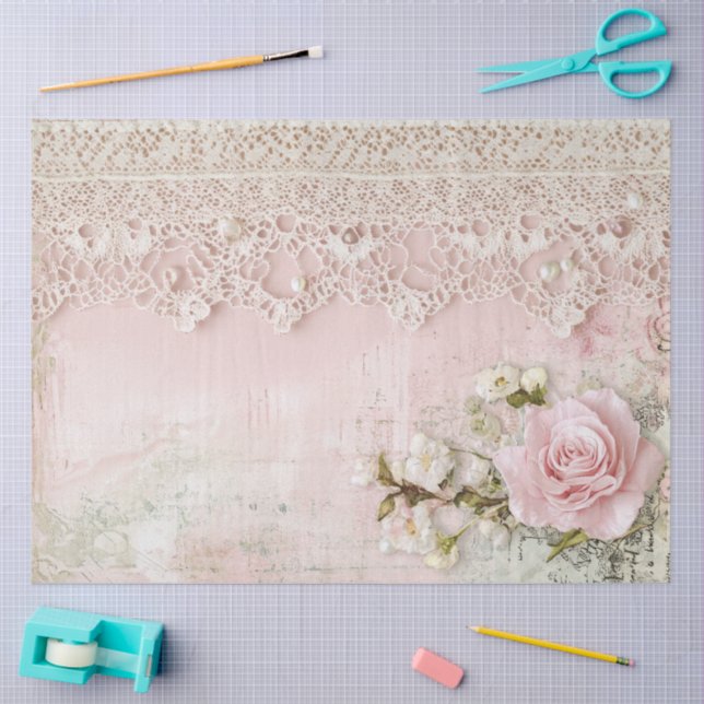 Papel De Seda Shabby Chic Rosa com Renda  (Arte )