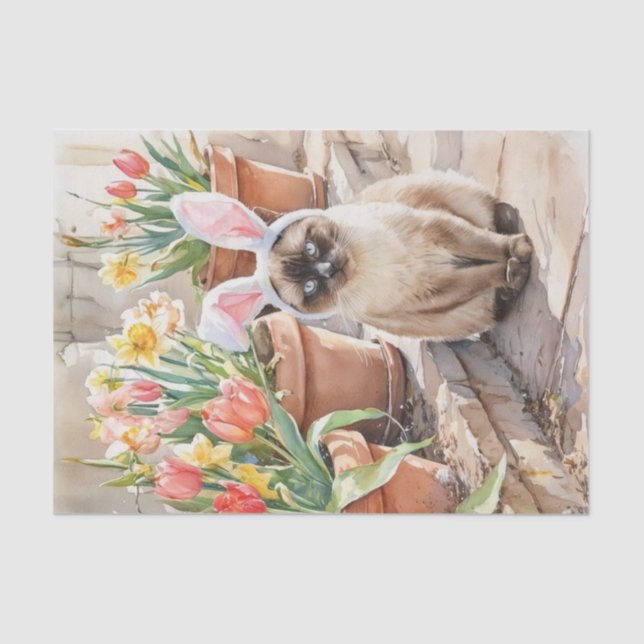 Papel De Seda Siamese Bunny Cute Easter Cat with Tulips  (Frente )