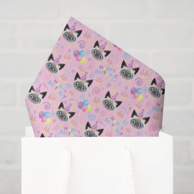 Papel De Seda Siamese Cat Birthday Tissue Paper in Pink (Sacola de presentes)