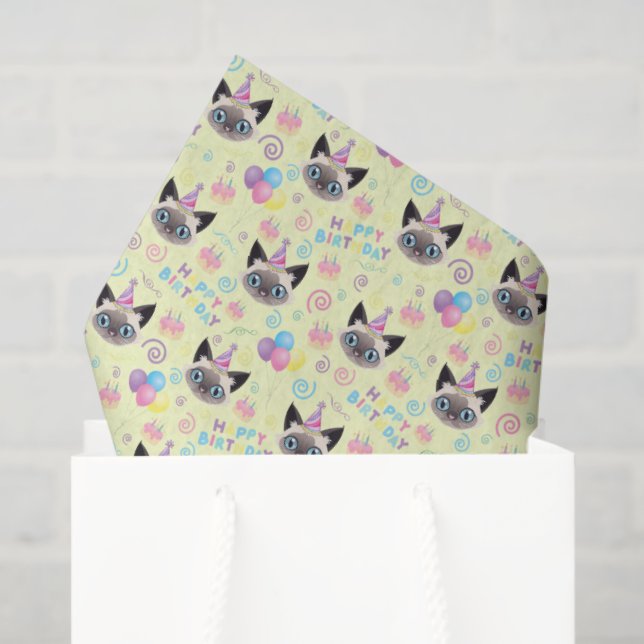 Papel De Seda Siamese Cat Birthday Tissue Paper in Yellow (Sacola de presentes)
