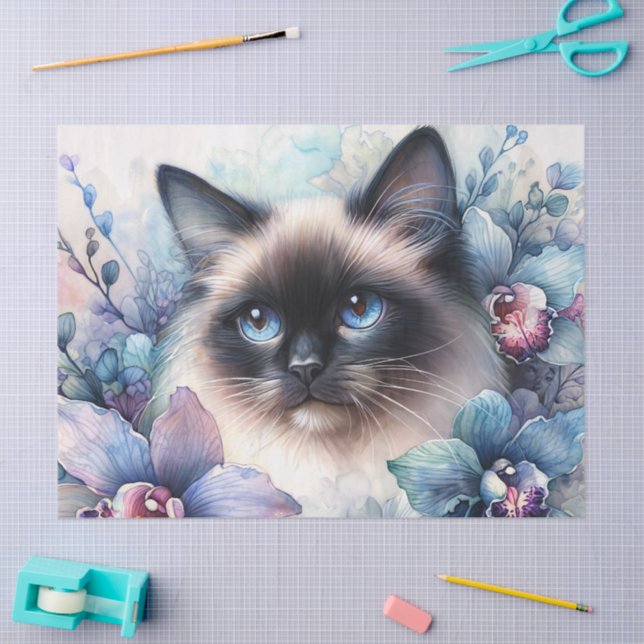Papel De Seda Siamese Cat Orchid Flowers Portrait (Arte )
