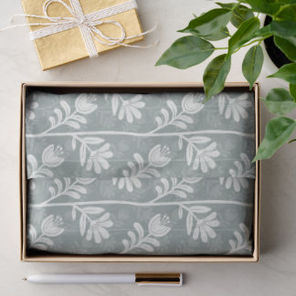 Papel De Seda Silhueta Floral Branca sobre Verde Sage Suave
