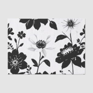 Papel De Seda Silhuetas Botânicas Brancas e Pretas Elegantes