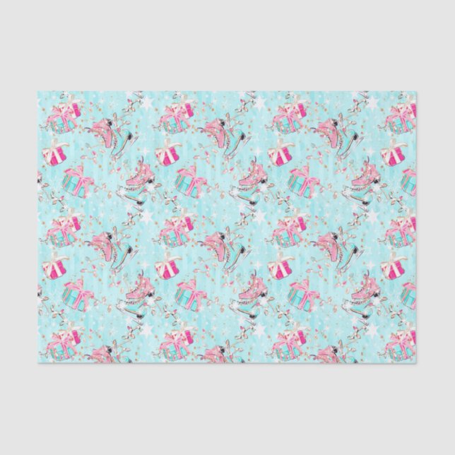 Papel De Seda Skates de gelo rosa e aqua e presentes de Natal (Frente )