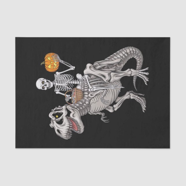 Papel De Seda Skeleton Riding Mummy Dinosaur T rex Halloween (Frente )