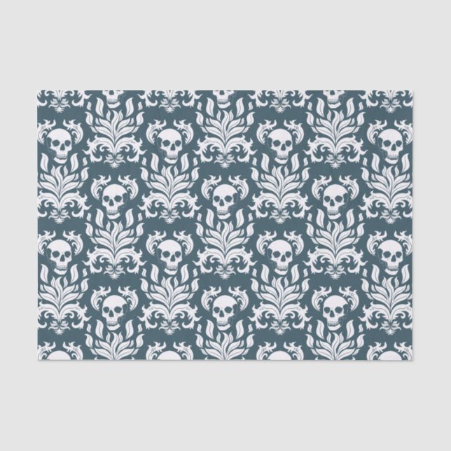 Papel De Seda Skull Flame Damask em branco nítido em azul-estilh (Frente )