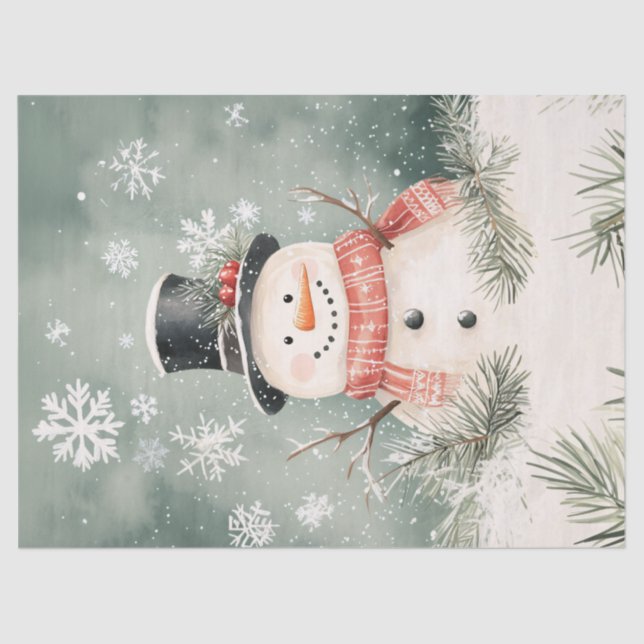 Papel De Seda Snowman Snowflakes Spruce Sprigs Decoupage (Frente )