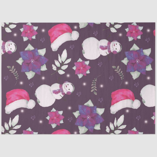 Papel De Seda Snowmen Greenery Santa Hats Purple Natal (Frente )