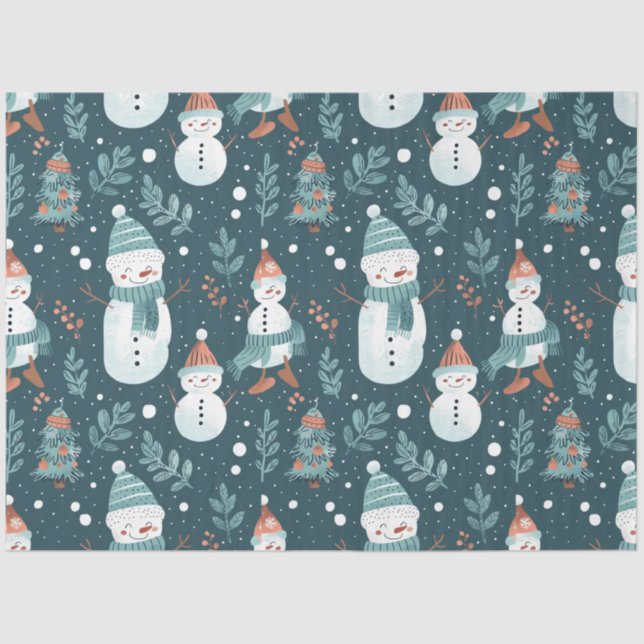 Papel De Seda Snowmen Snow Trees Greenery Natal (Frente )