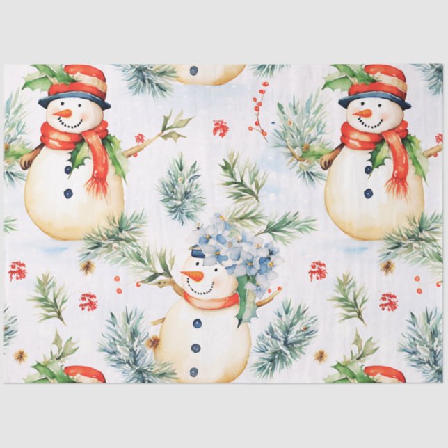 Papel De Seda Snowmen Snowflakes Snow Holly Berries Natal (Frente )
