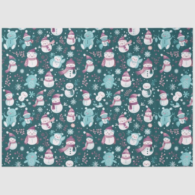 Papel De Seda Snowmen Teddy Bears Snowflakes Greenery Natal (Frente )