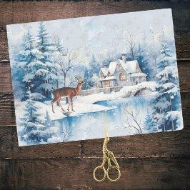 Papel De Seda Snowy Deer em Forest perto do Lago House no invern